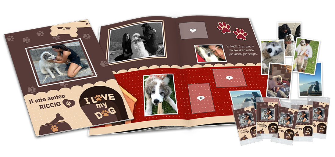 album fotografico aperto con le figurine del tuo cane completo di copertina bustine e figurine di te e il tuo cane